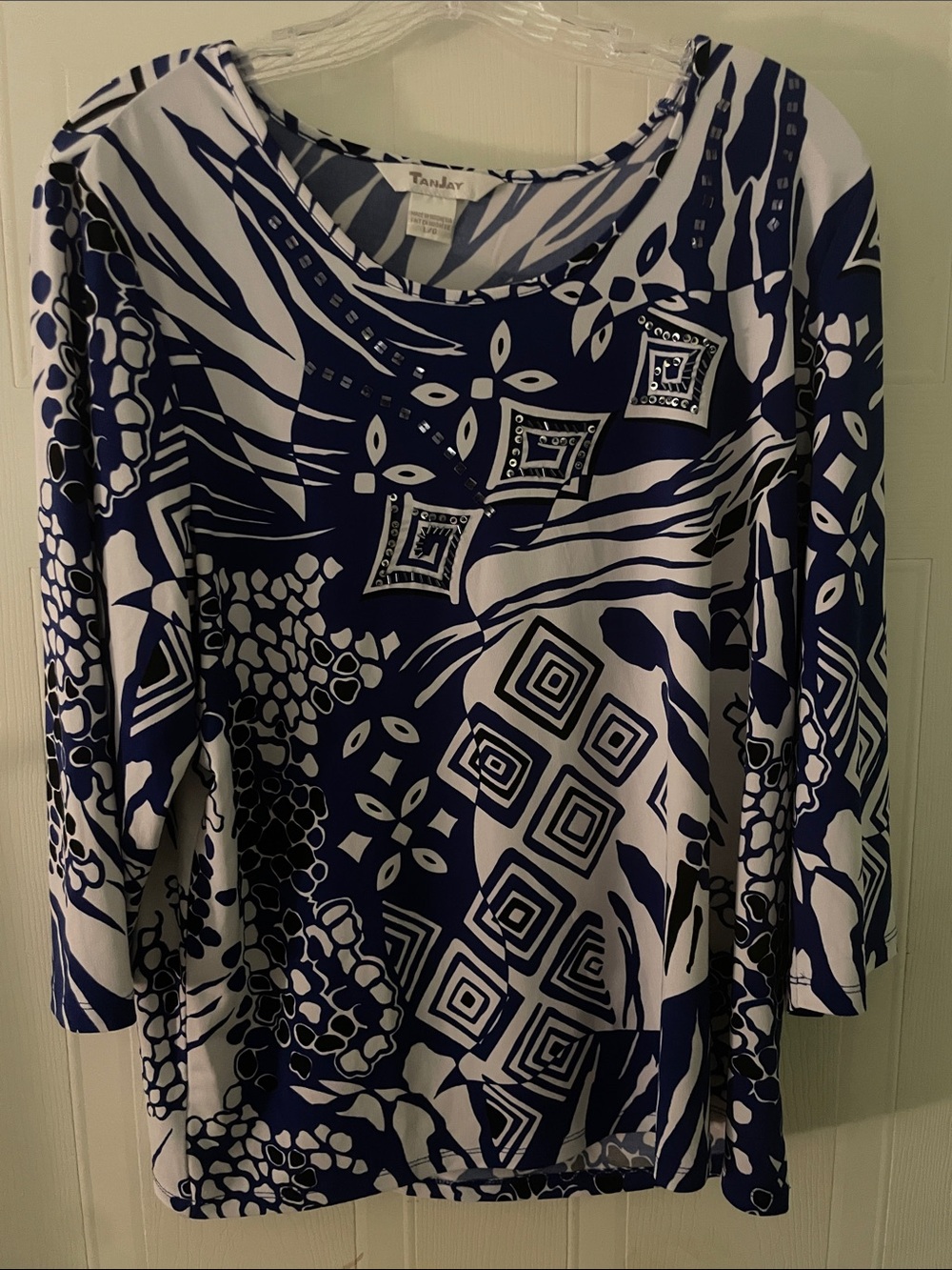 TanJay Navy and White Printed Long Sleeve Women’s Top